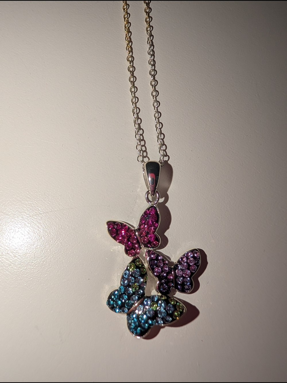 Multicolor Crystal Butterfly Trio Pendant Necklace
